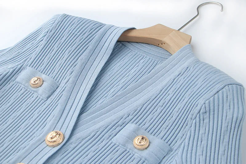 Women's Long Sleeve Sexy Deep V Neck Single Breasted Knitted Dress