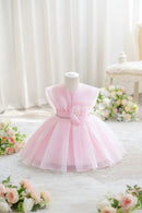 Toddler Pink Formal Dress Pearl Flower Waist Decor Puffy Skirt Kids Birthday Flower Baby Girl Dress