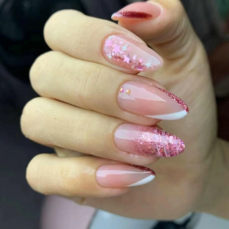 Round Head Press on Nails Green Almond Glitter Design False Nails Wearable Fake Nails Sets