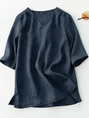 Summer Casual Tops Woman Half Sleeve V-Neck Blouse Female Solid Cotton Shirt Loose Tunic Chemise Oversized