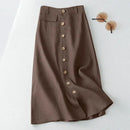 Women Elegant Cotton Skirts Autumn High Waist Casual Button A-line Midi Skirts
