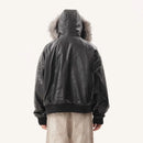 Detachable Fur Collar Leather Jacket Men's High Street Oversized Silhouette Cotton-padded Winter