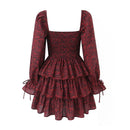 Women Front Red Floral Dress Vintage Puff Sleeve Layered Ruffle Hem Cake Mini Dress Holiday