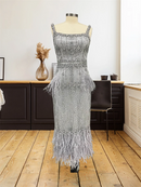 Elegant Evening Dresses with Cape Luxury Crystal Beads Feather Formal Gowns For Women Wedding Party