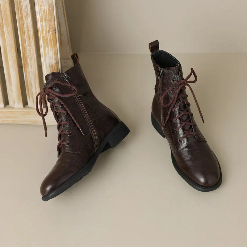 Retro Cross-Tied Women Ankle Boots Thick Low Heels Genuine Leather Zipper Shoes Woman Autumn Winter