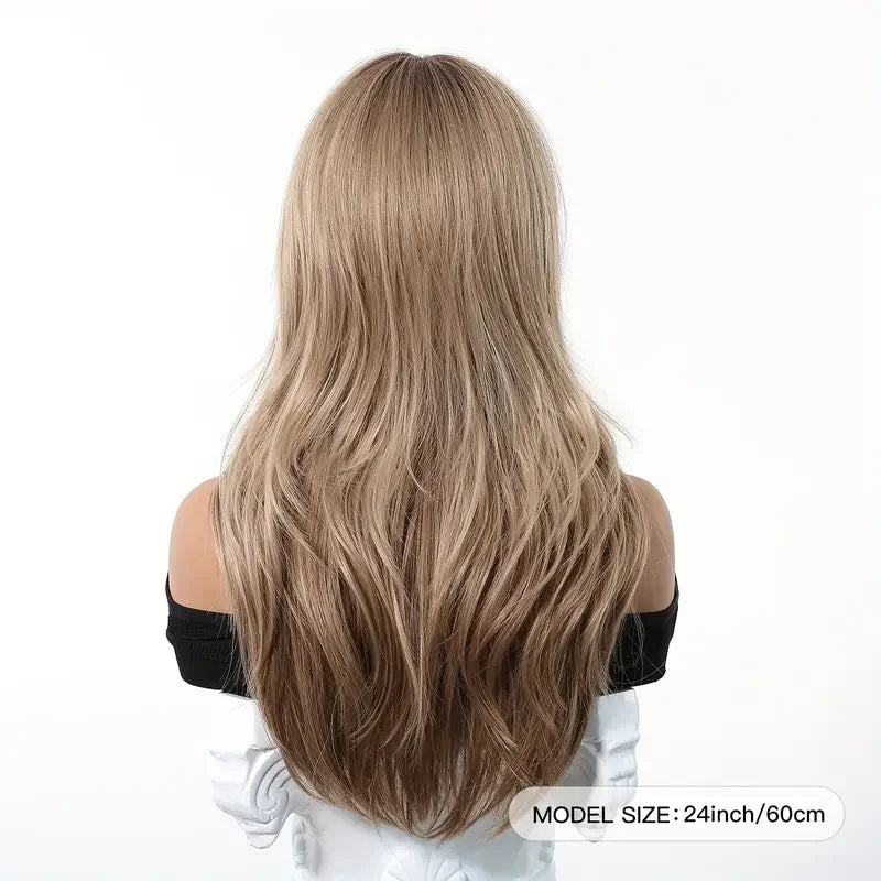 Light Brown Wig with Bangs Long Body Wavy Wigs for Women Heat Resistant Fiber Fake Hair Daily