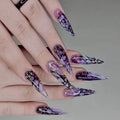 Purple Gradient Flower Nails Press on Long Stiletto Nails Silvery Line Wearable Full Cover Nails Tips