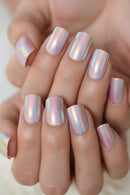Close-up of hands with iridescent nail polish on a neutral background,Obroi