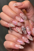 24PCS Almond Nude White French Press on Nails Heart Bow Pearl Decor Nails