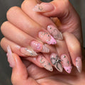 24PCS Almond Nude White French Press on Nails Heart Bow Pearl Decor Nails