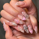 24PCS Almond Nude White French Press on Nails Heart Bow Pearl Decor Nails