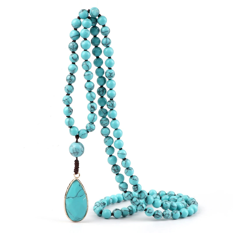 Water Drop Pendant Necklace For Women Natural Blue Stone Beaded Necklace