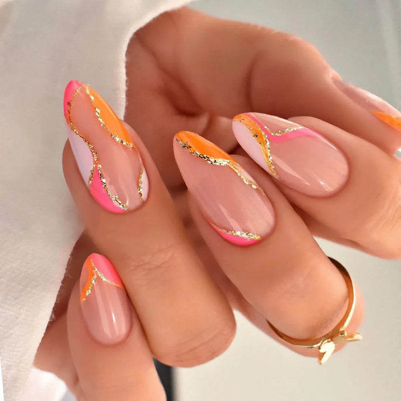 Round Head Press on Nails Green Almond Glitter Design False Nails Wearable Fake Nails Sets