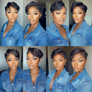 Grid of a woman wearing a denim shirt with different hairstyles, Obroi