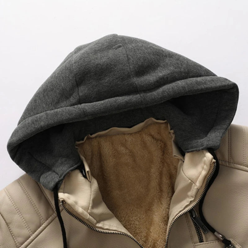 Motorcycle Hoodie Leather Jacket Men Solid Fleece Casual Windbreaker Jackets Slim Military Tactical Thick Coats Winter