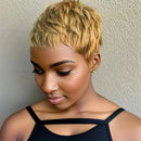 Woman with short blonde hair against a neutral background, Obroi