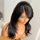 20 Inch Layered Yaki Straight Human Hair Wig with Bangs Glueless 7x5 Lace Closure Wig