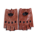 Pair of brown leather gloves with fingerless design on a white background, Obroi