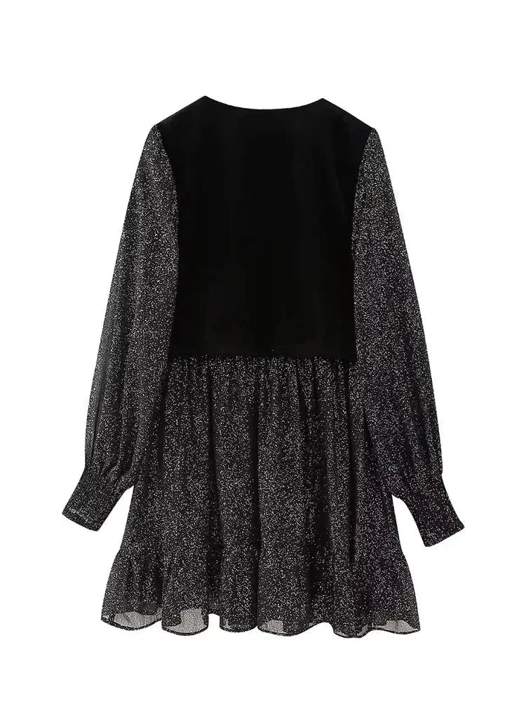 Spring Vest Patchwork Dress For Women Tight Short Dresses Female Buttons Wild Vintage