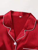 Solid Pajama Set Up Lapel Top & Pants Set Women's Sleepwear & Loungewear