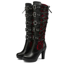 Boots For Women Lace Up High Heel Mid Calf Boots Narrow Gothic Shoes Winter