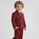 Child wearing a red plaid suit with a bow tie on a white background, Obroi