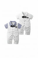 Two baby short-sleeve romper outfits shown on a plain white background. Each romper is white with a light blue striped collar and a dark gray bow tie, styled like a formal suit, Obroi