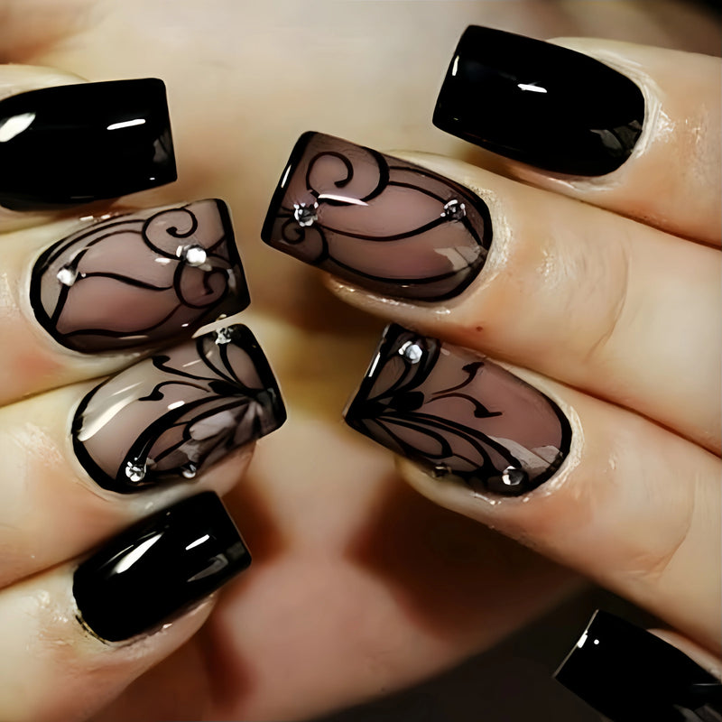 Dark Ins-style Black Vine Press-on Nail Art Popular among European and American foreign