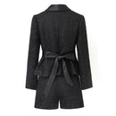 Women Set Suit Long Sleeve Belt Autumn Winter Woolen Shawl Collar Single Button Bow Plaid Shorts