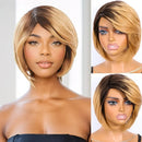 Collage of a woman with a blonde bob wig and close-up views, Obroi
