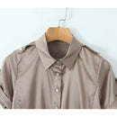 Women Apricot Roll-up Sleeve Safari Satin Shirt Blouse Single Breasted Female Fishbone Summer Crop Top