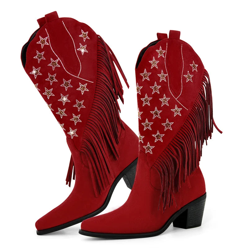 Women Pointed Toe Pull-on Knee High Fringe Cowgirl Boots Comfy Pull On Rhinestone Mid Calf Western Boots