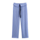 Casual Chic Women Pants Striped Lace-up Zipper Straight Loose Pants Summer Holiday Trousers