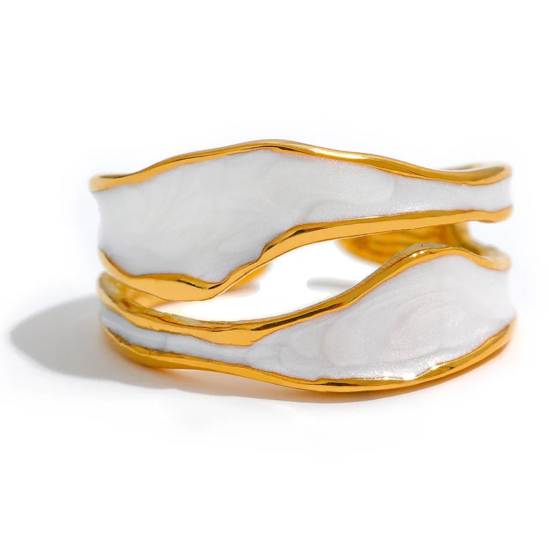 White Enamel Creative Irregular 316 Stainless Steel Open Ring Waterproof Women Jewelry