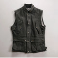 Black leather vest with multiple pockets and buttons on a light gray background, Obroi