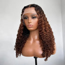 A brown curly wig with a clear lace frontal, displayed on a mannequin head against a plain light gray background, Obroi