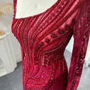 Elegant Burgundy Mermaid Evening Dresses with Long Sleeve Luxury Dubai Crystal Women Wedding Formal Party Gown