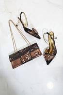 Elegant Women's Peep-Toe Heels and Matching Brown Color Rhinestones Pumps Set Stylish Italian Shoes and Bags for Parties 510-24