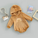 Baby Girls Winter Fleece Romper Toddler Newborn Baby Girls Rainbow Print Hooded Rompers Jumpsuits Casual Clothes Outfits