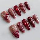 24Pcs Red Almond Bow Heart Designs Press on Nails Patch Wearable Elegant Full Cover Nail Tips