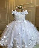 Girl Dress For Wedding Applique Tulle Short Sleeve Pearl Princess Kids Birthday First Communion Ball Gown