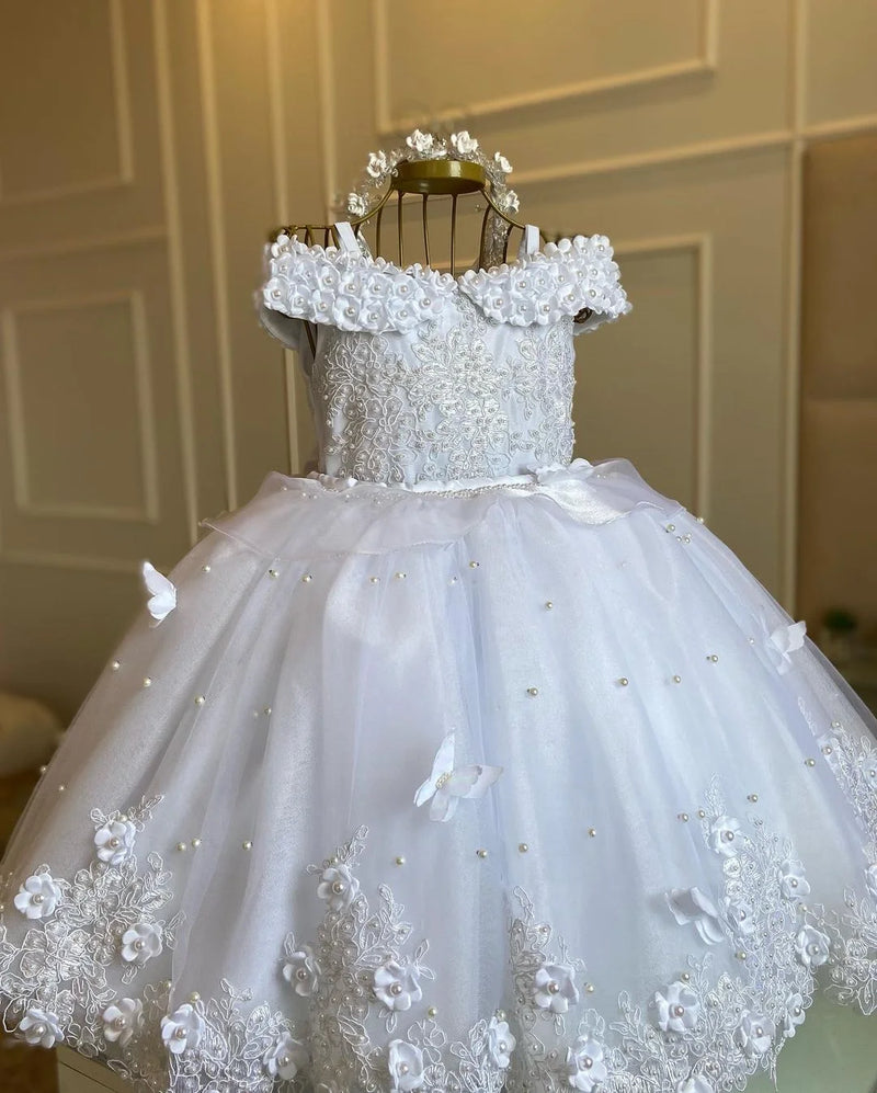 Girl Dress For Wedding Applique Tulle Short Sleeve Pearl Princess Kids Birthday First Communion Ball Gown