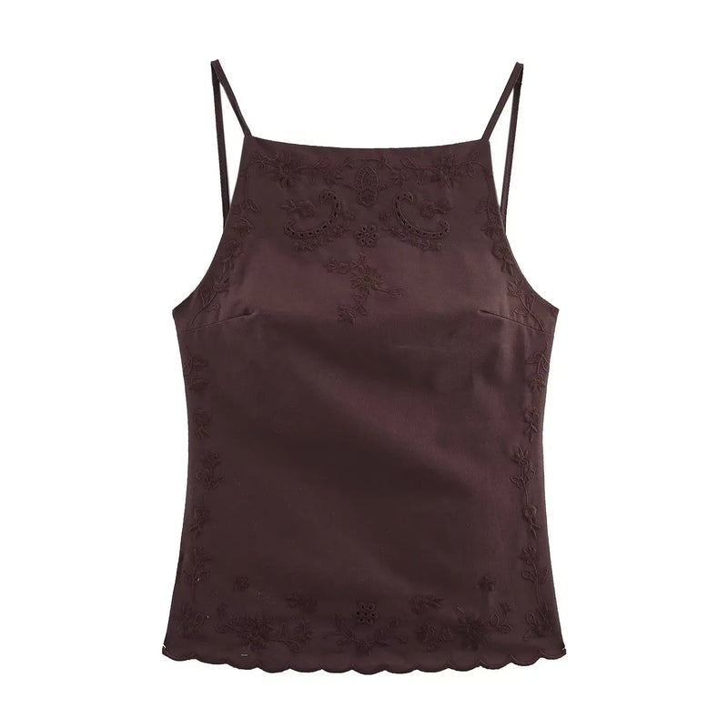 Floral Embroidery Backless Camis Top Women Holiday Summer Brown Tops