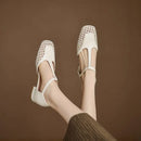 Female Sandals Square Toe Heels 3.5cm Buckle T-Strap Breathable Mesh Casual Shoes