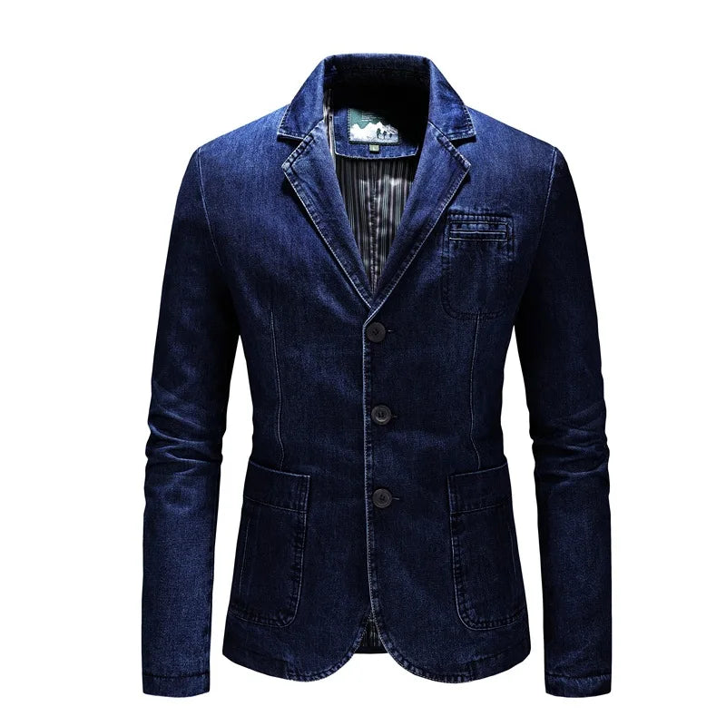 Men's Denim Suit Casual Single Breasted Coat Classic Jean Blazers Jacket