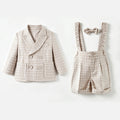Baby Boys Plaid Double Breasted Suit Set Infant Formal Blazer Shorts with Bow Tie Outfit for Wedding Baptism Birthday