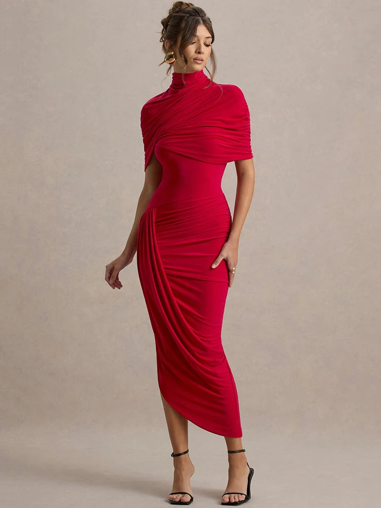 Backless Ruched Dress Women Summer Turtleneck Slim High Waist Evening Club Party Long Dress