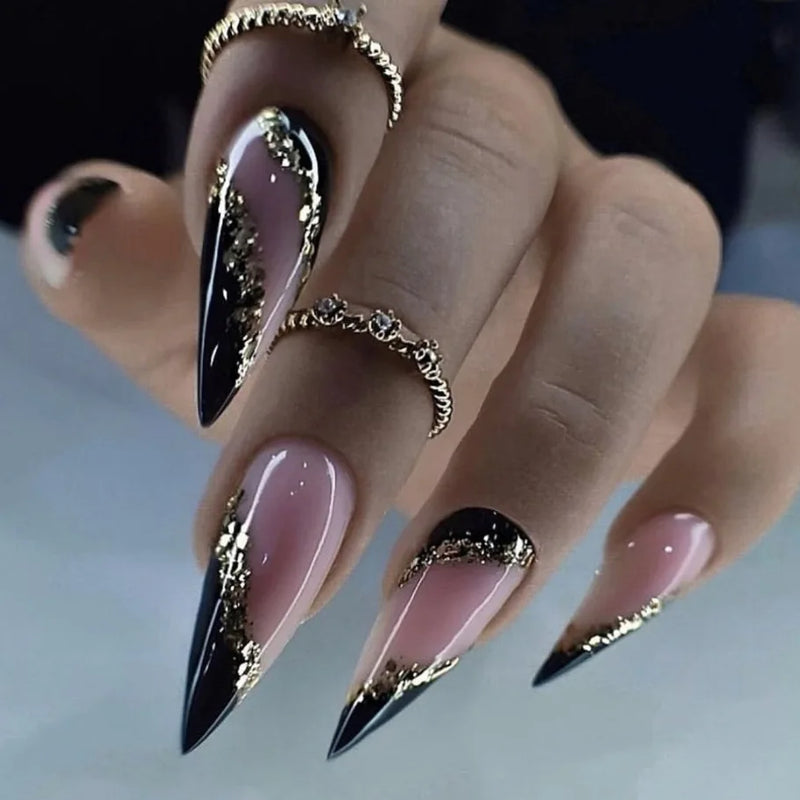 Almond Nails Set Press on Nails Golden Print Detachable Artificial Full Cover False Nails Tips