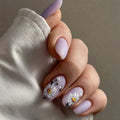 24pcs Flower Press On Nails Matte Purple False Nails With Bee Designs Short Round