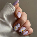 24pcs Flower Press On Nails Matte Purple False Nails With Bee Designs Short Round